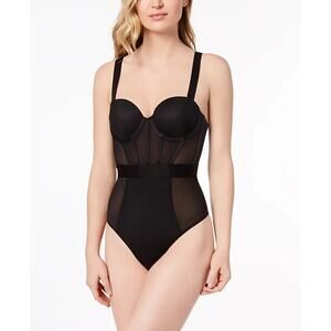 DKNY Women's Sheers Strapless Mesh-Panel Thong Bodysuit Black, Size 36D 0151